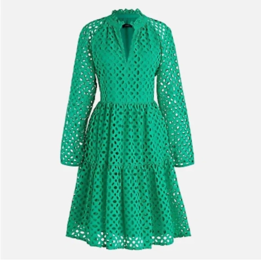 J. Crew Green Eyelet Tiered Popover Long Sleeve Dress Size X-Small